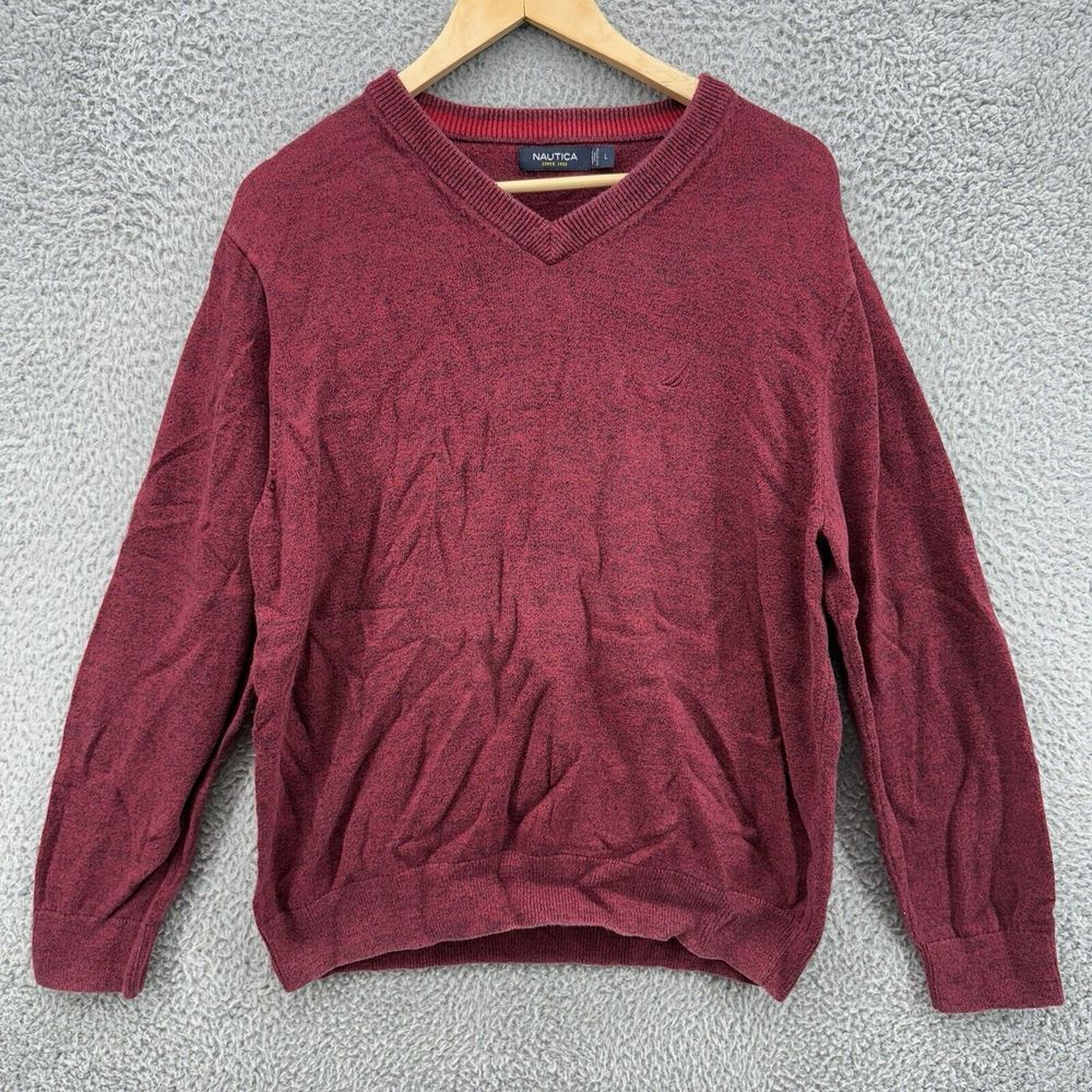 Nautica Sweater Mens L V-Neck‎ Pullover Red Heathered Preppy Cotton Soft Stretch